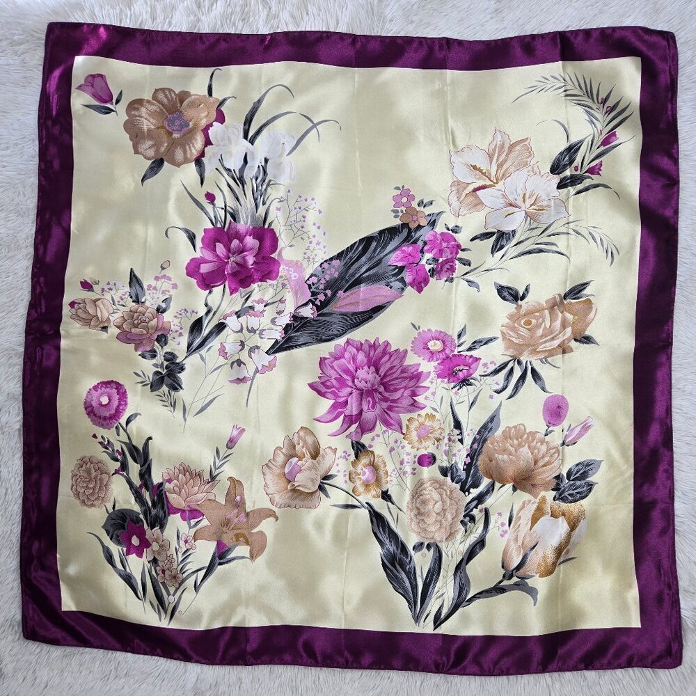 Silky Square Scarf Cream Purple Floral Pattern Polyester Lightweight Gift Classy